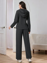 Women Double-Sided Sherpa Hooded Zip-Up Jacket And Casual Long Pants 2-Piece Set, Dark Grey